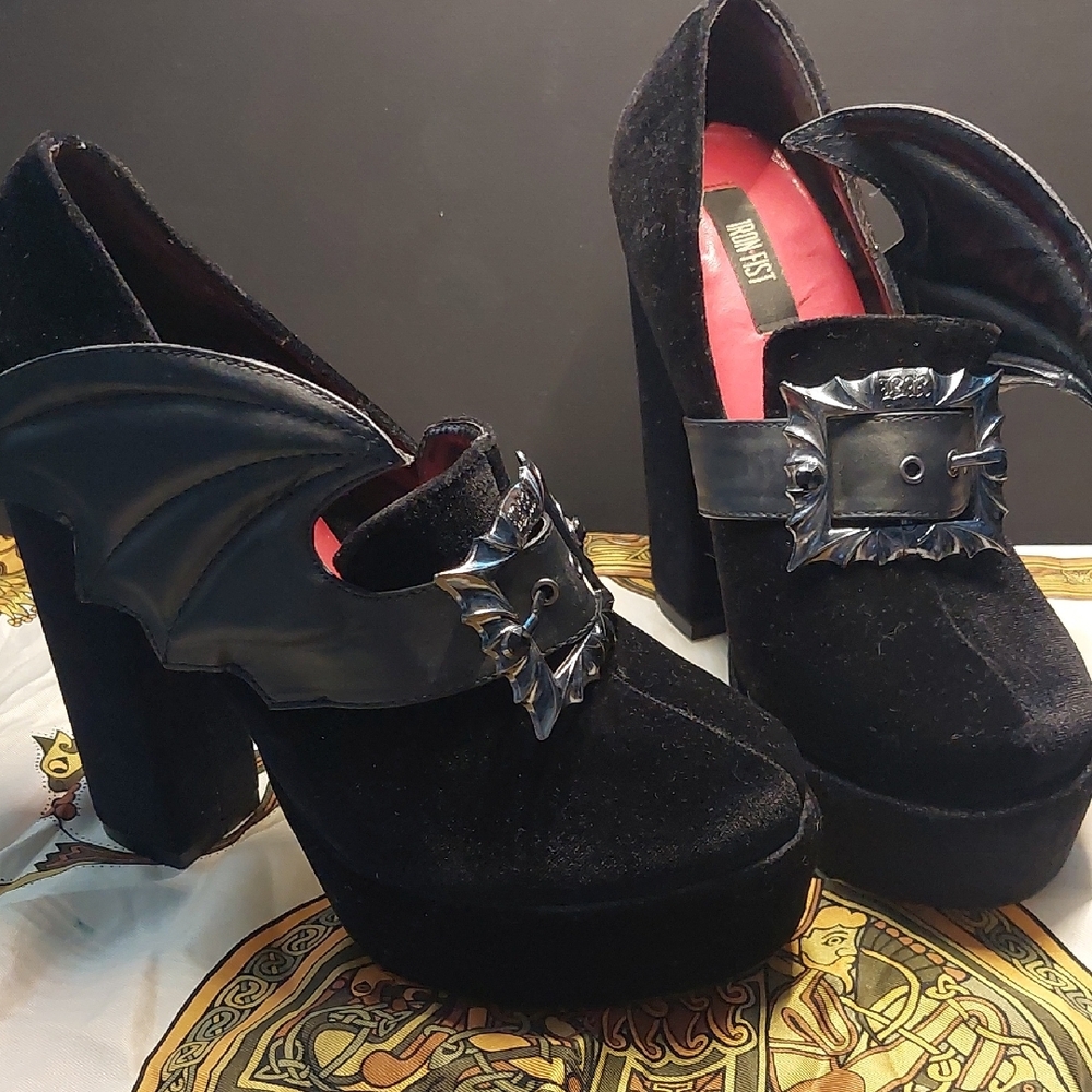Iron Fist Black Platform Pumps with Chunky Heel and Bat Wings